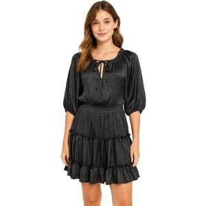 Buddy Love Dress S Black Green Leopard V-Neck Puff Sleeve Keyhole Trendy Chic‎